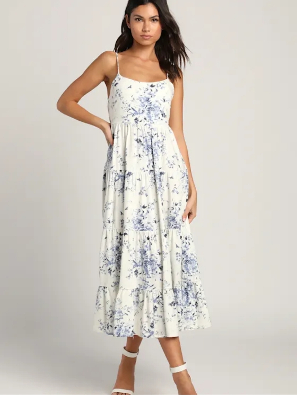 Floral Tiered Spaghetti-Strap Midi Dress in White and Blue